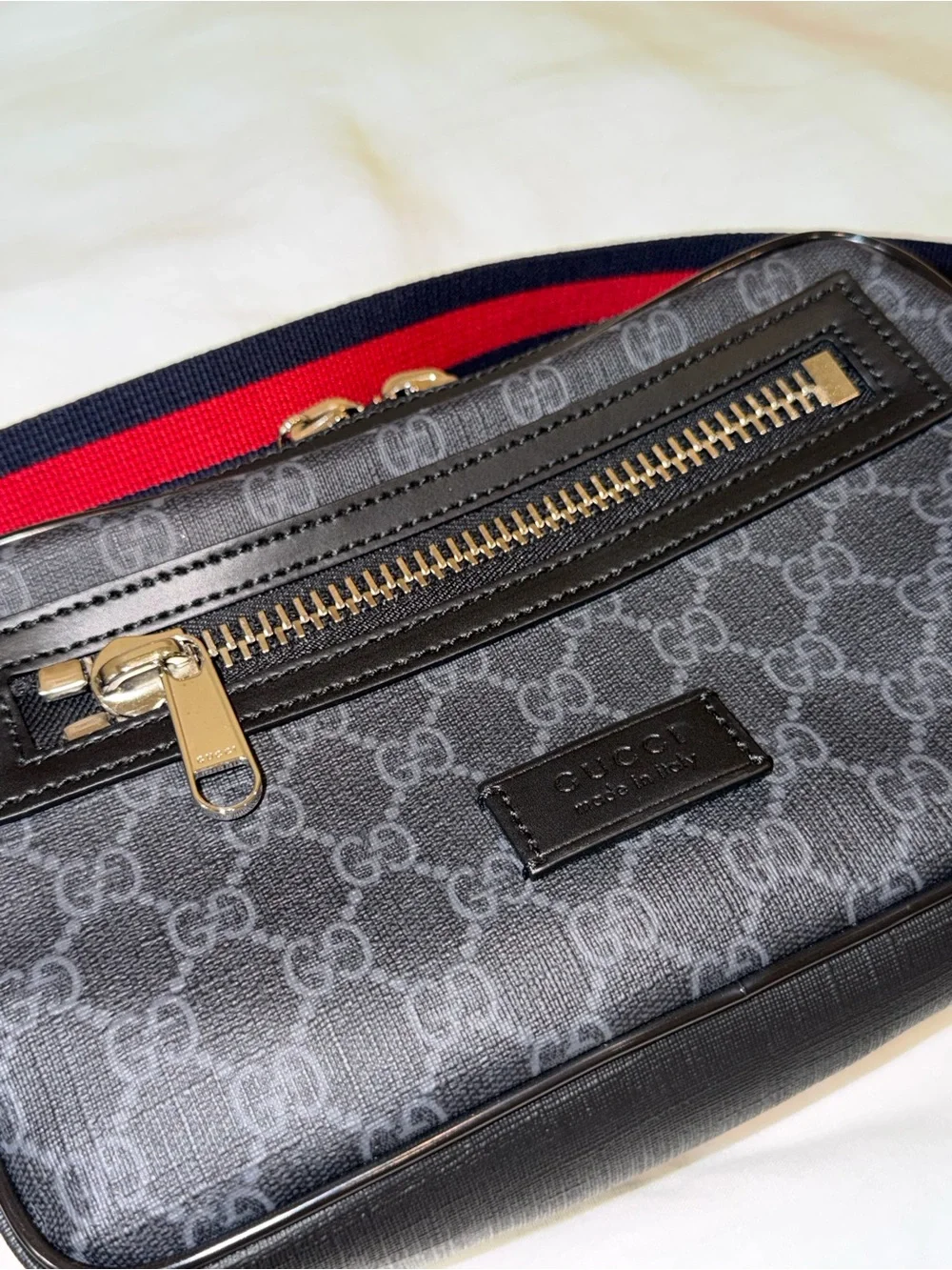 Gucci Black GG Supreme Belt Bag with Red and Navy Web Strap